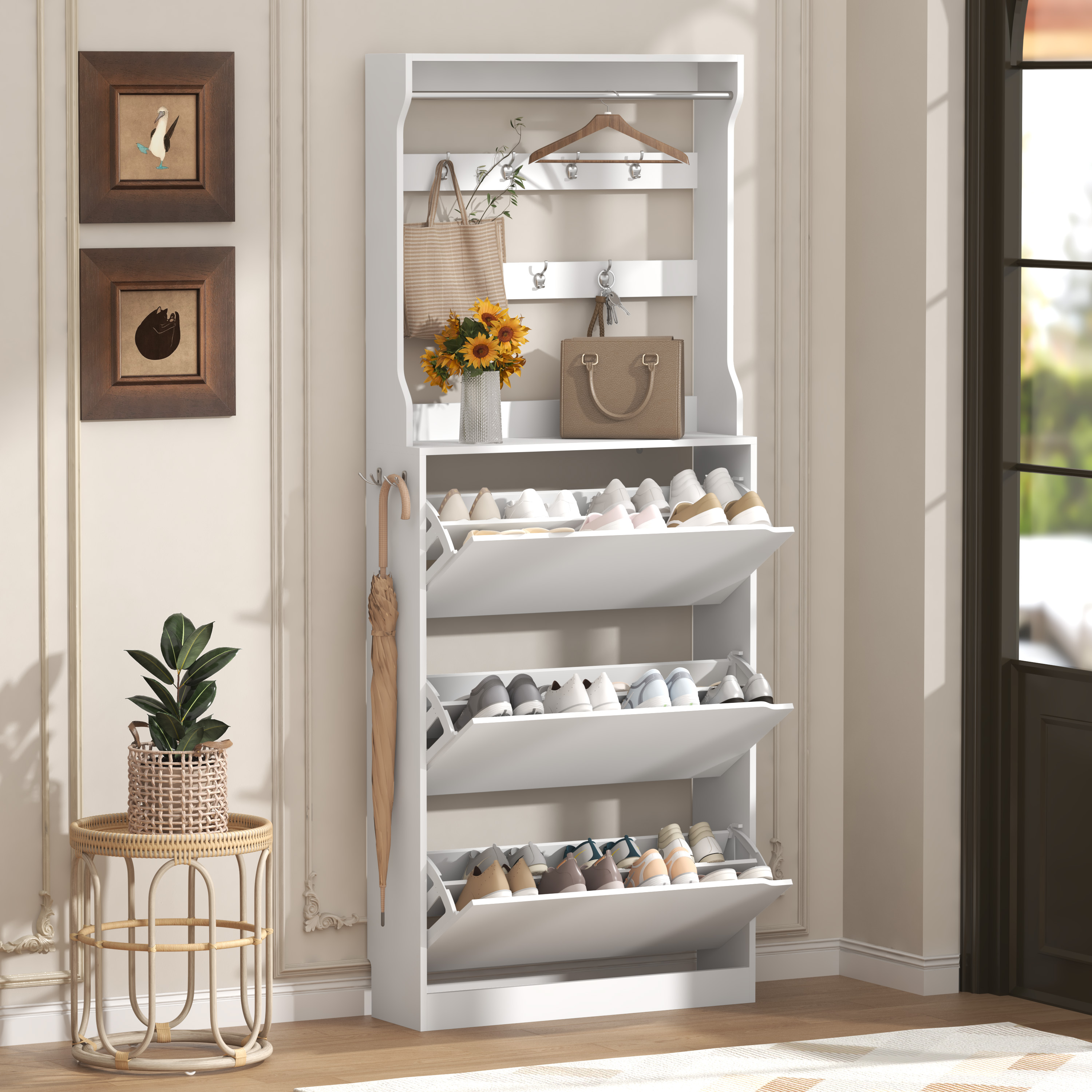 Drawer Organizer Peg - Shoe Cabinet with 3 Flip Drawers