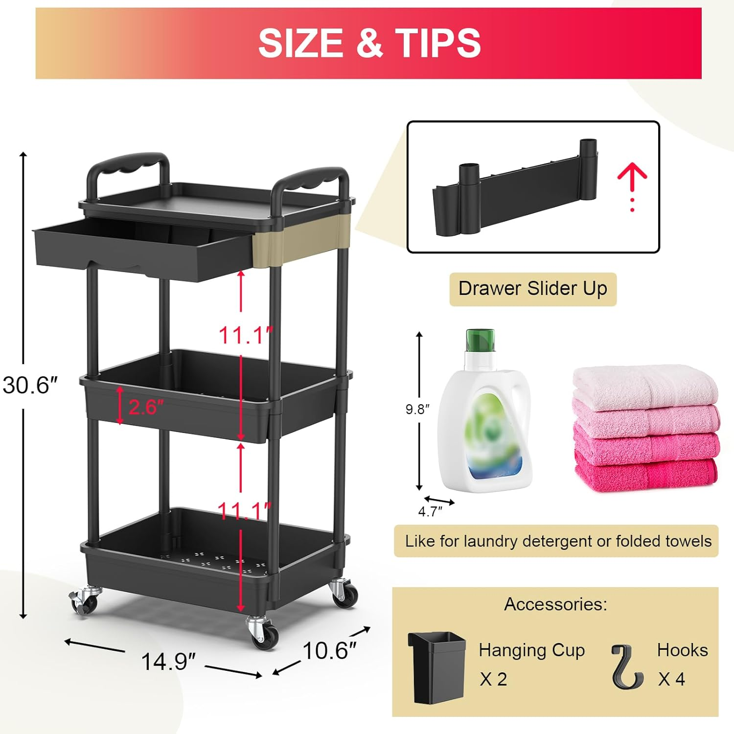 3 Tier Rolling Utility Cart wi - Drawer Organizer Peg recensie en prijs